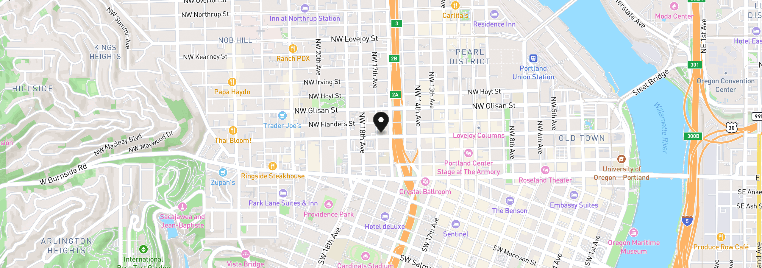 Map showing the location of 1631 NW Everett St 100, Portland, OR 97209