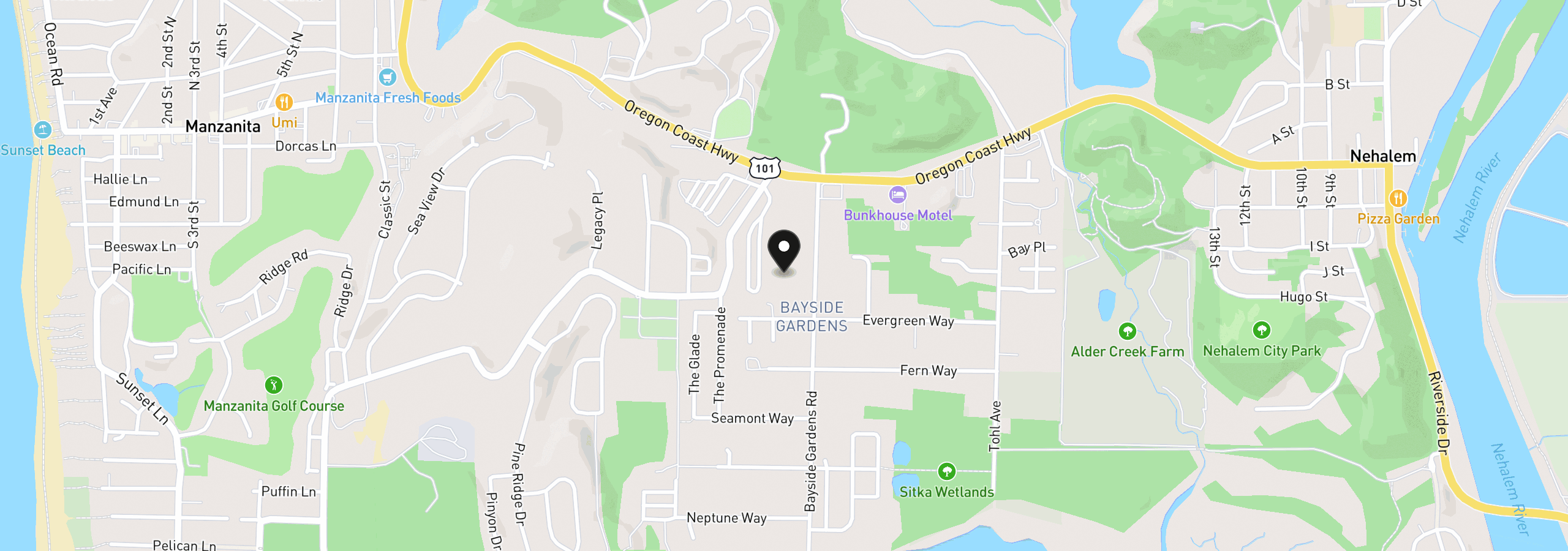 Map showing the location of 35340 Bayside Gardens Rd, Nehalem, OR 97131