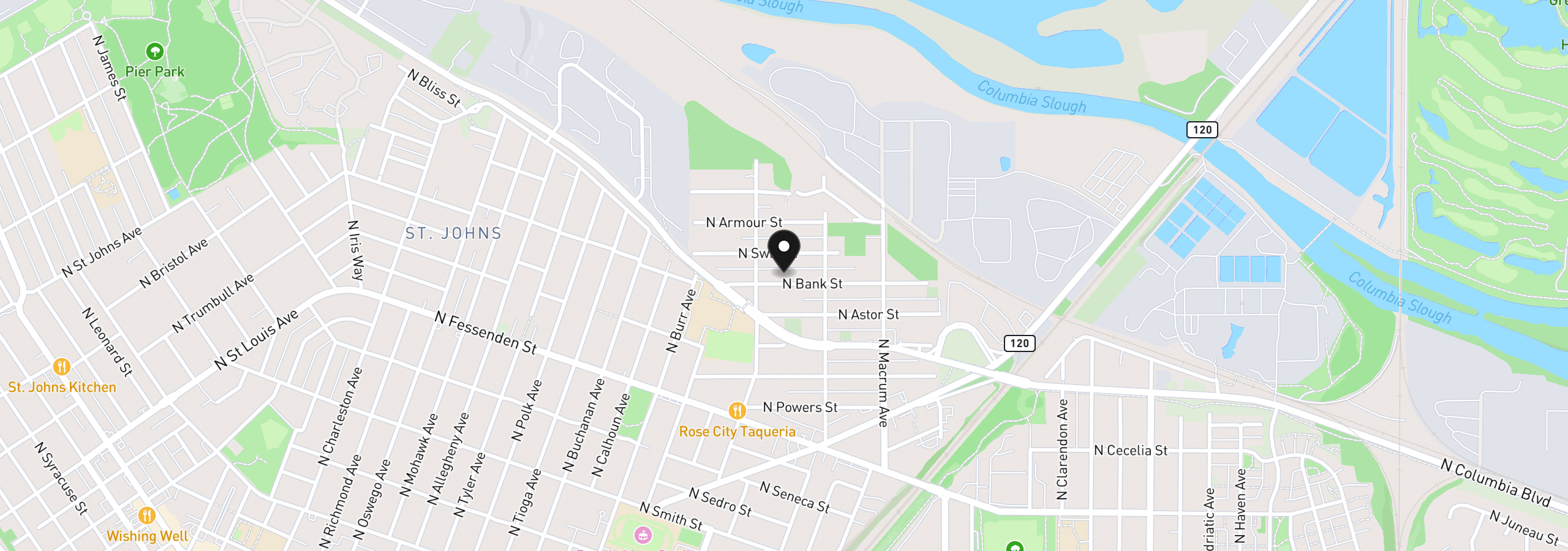Map showing the location of 6909 N Bank St, Portland, OR 97203