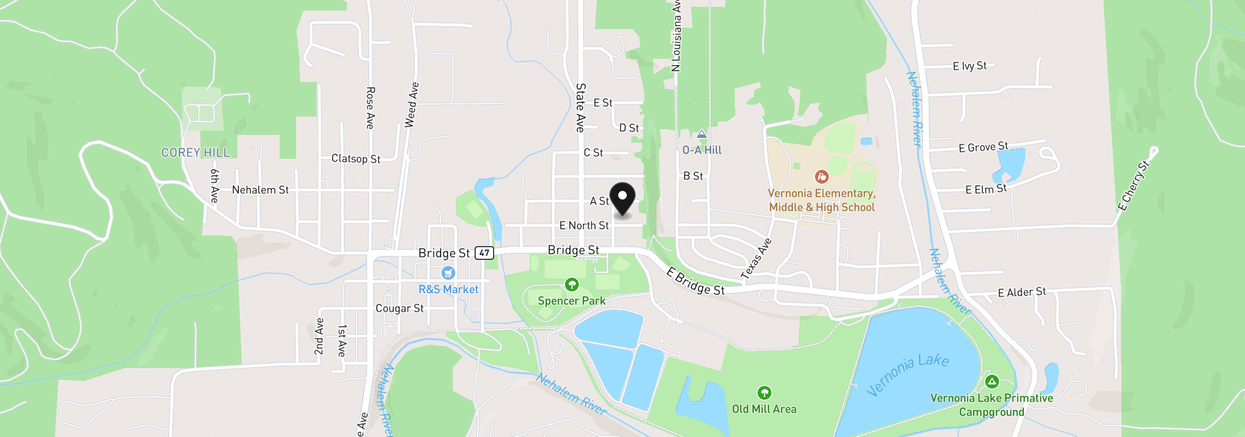Map showing the location of 176 North St, Vernonia, OR 97064