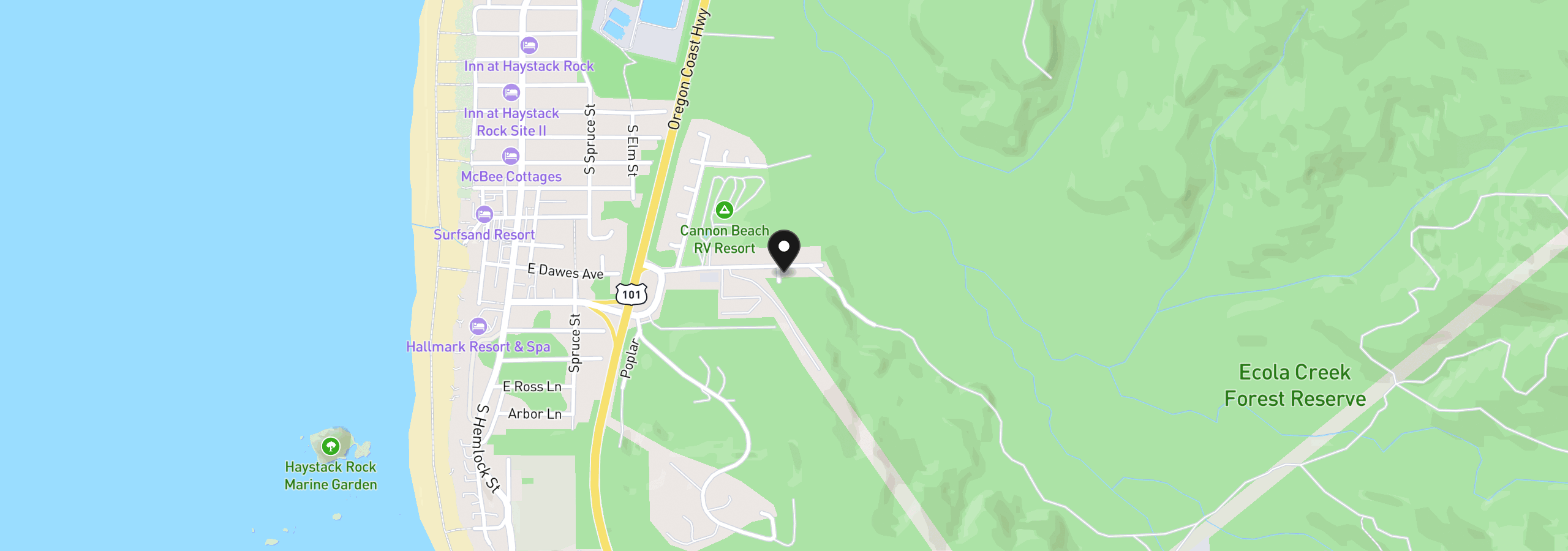 Map showing the location of 1325 Cascara Ln, Cannon Beach, OR 97110