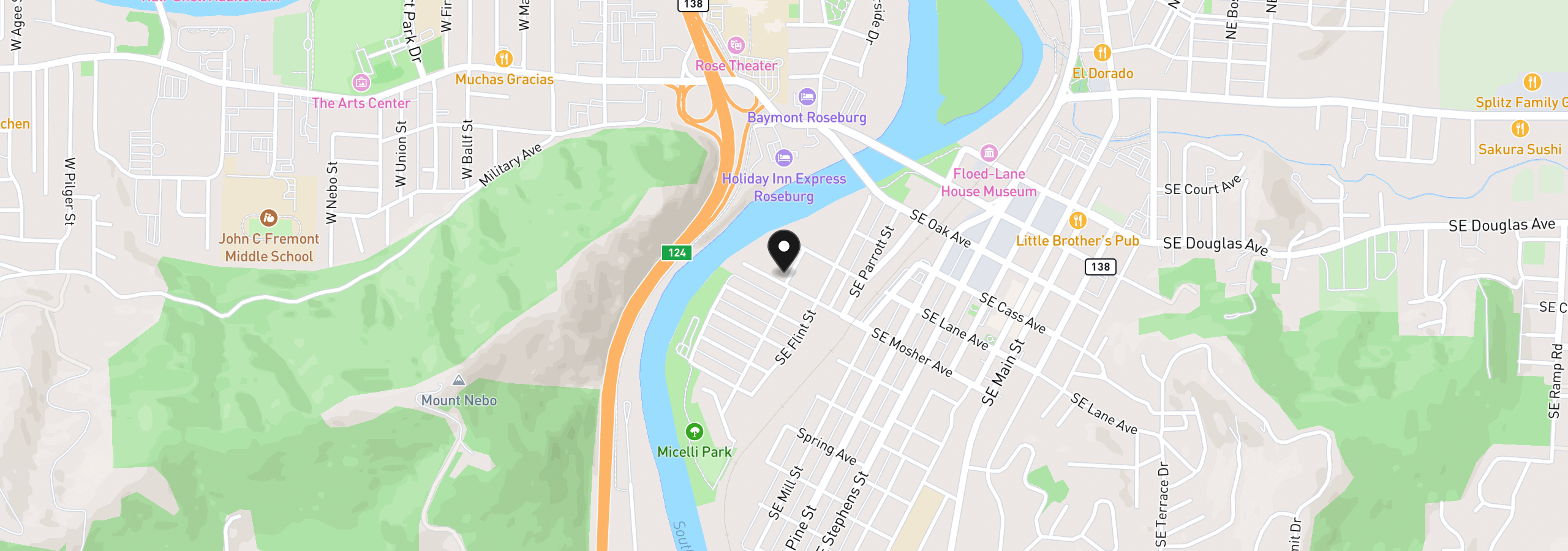 Map showing the location of 174 SE Mosher Ave, Roseburg, OR 97470