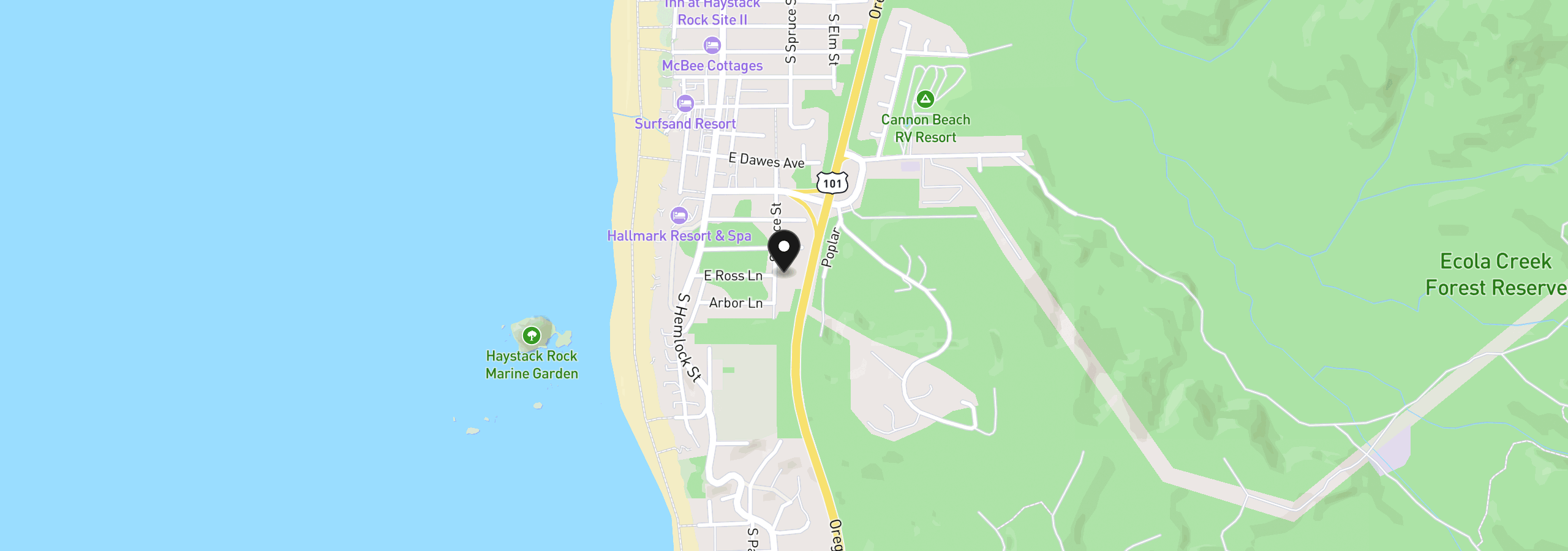 Map showing the location of 1655 S Spruce St, Cannon Beach, OR 97110