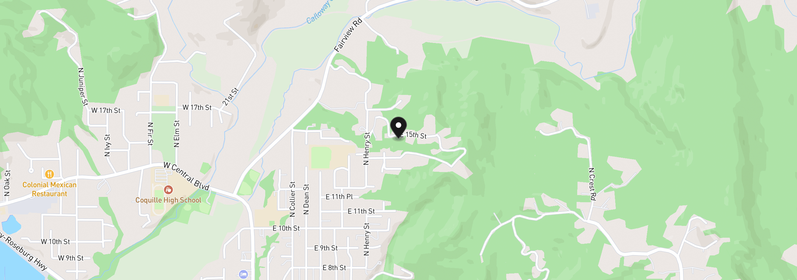 Map showing the location of 00 E 15th St, Coquille, OR 97423