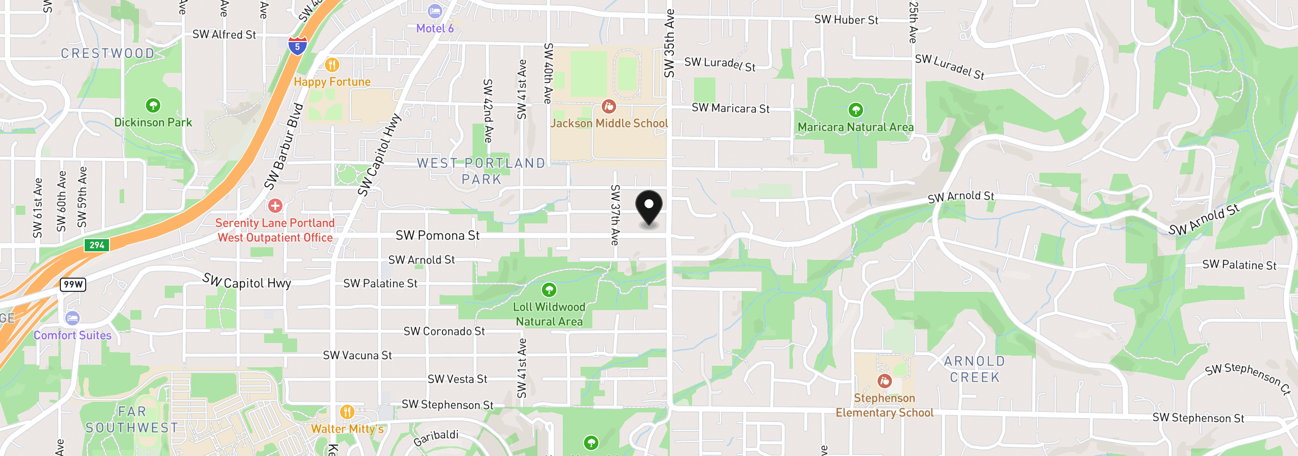 Map showing the location of 3525 SW Pomona St, Portland, OR 97219
