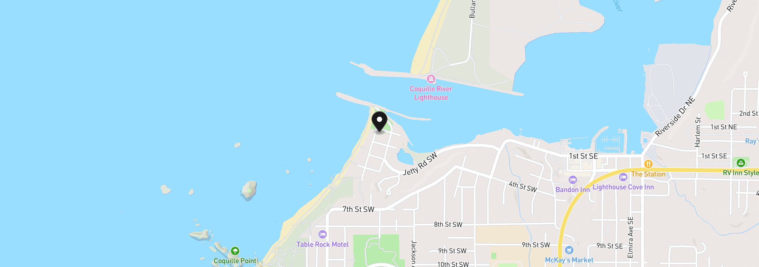 Map showing the location of 323 Madison Ave, Bandon, OR 97411
