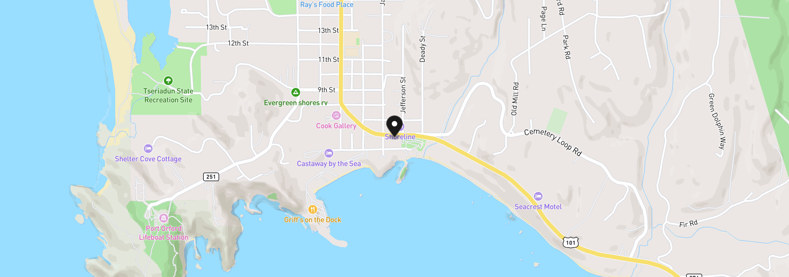 Map showing the location of 267 6th St, Port Orford, OR 97465