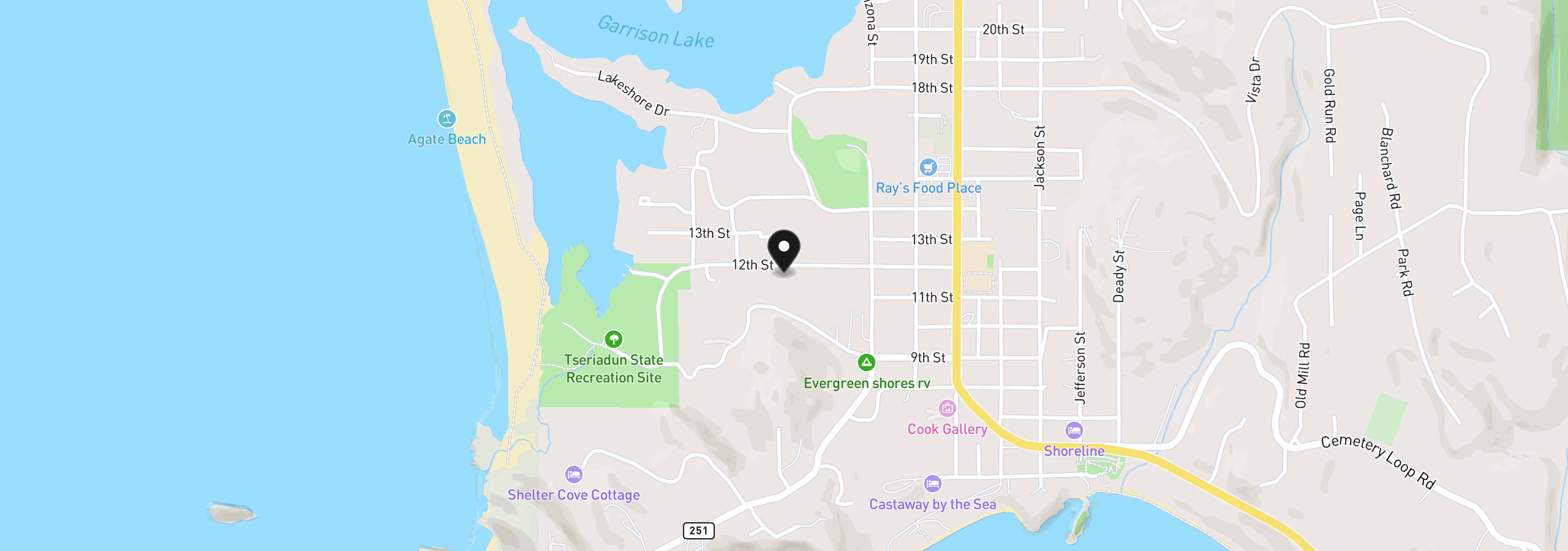 Map showing the location of 851 12th St, Port Orford, OR 97465