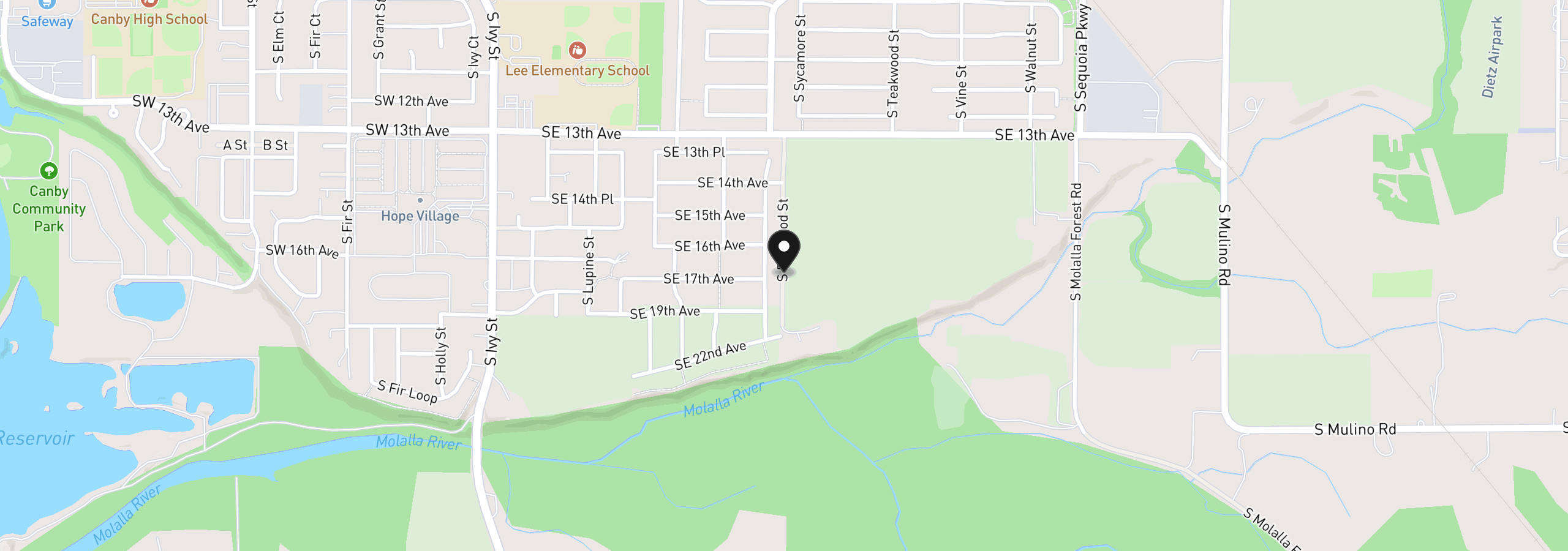 Map showing the location of 1828 S Pepperwood St, Canby, OR 97013