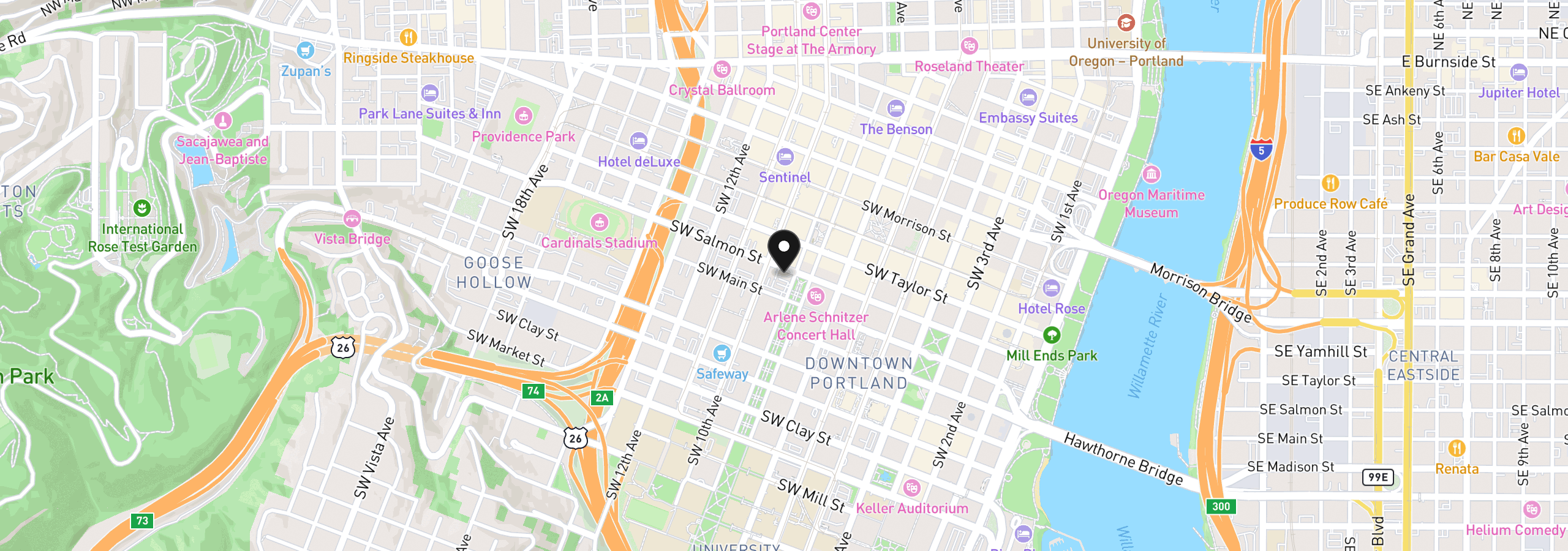 Map showing the location of 1005 SW Park Ave 302, Portland, OR 97205