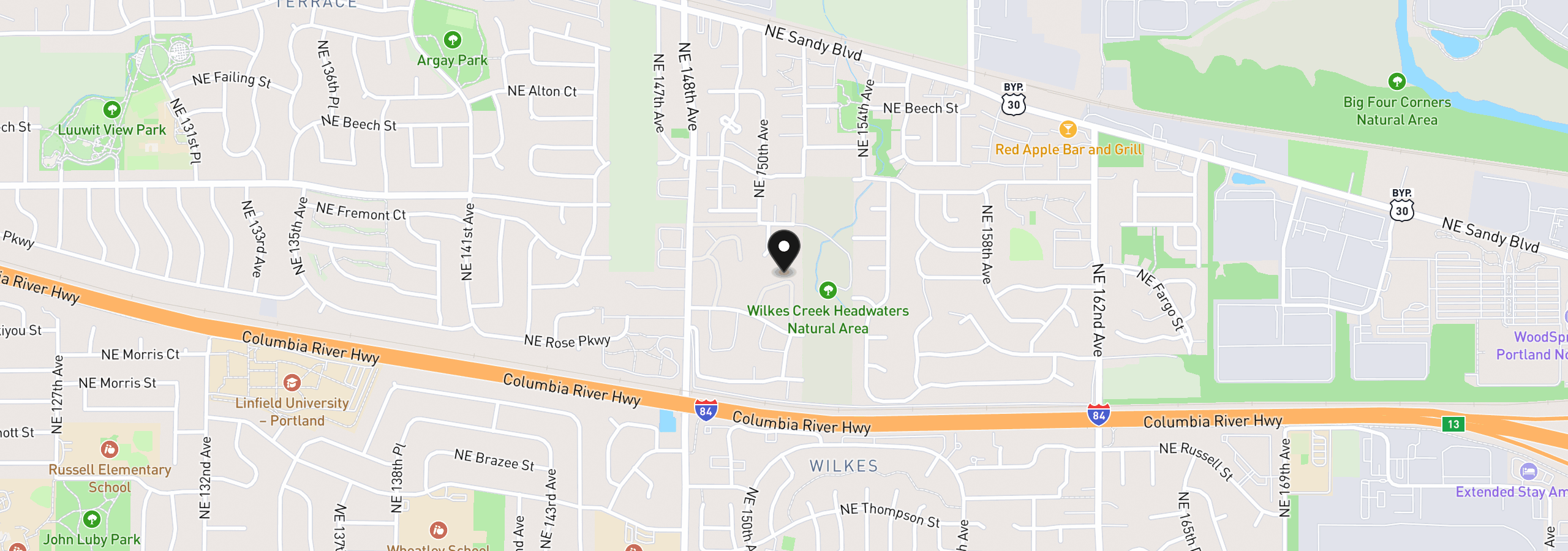 Map showing the location of 15031 NE Rose Pkwy, Portland, OR 97230