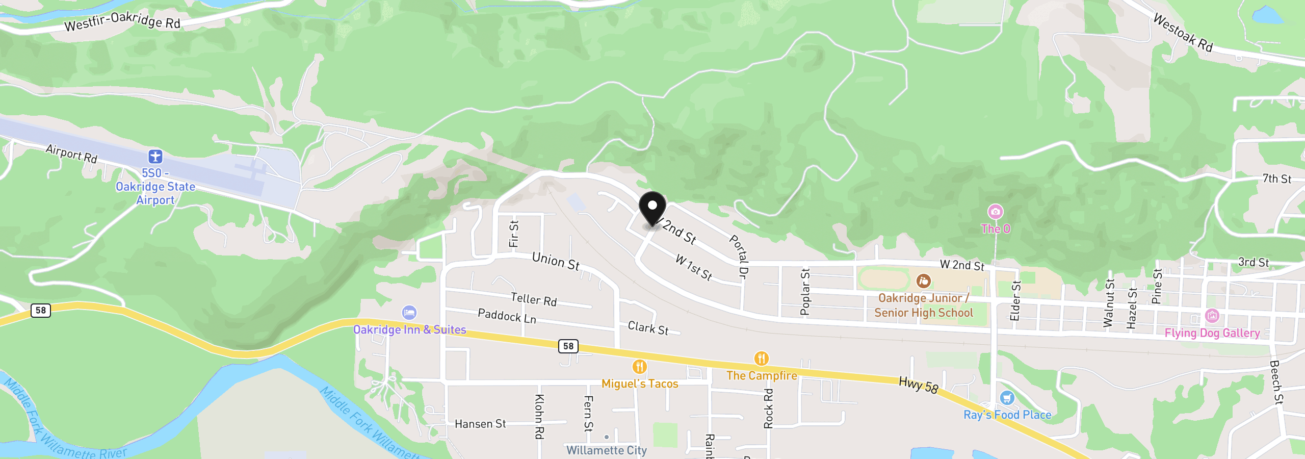 Map showing the location of 47947 W Commercial St, Oakridge, OR 97463