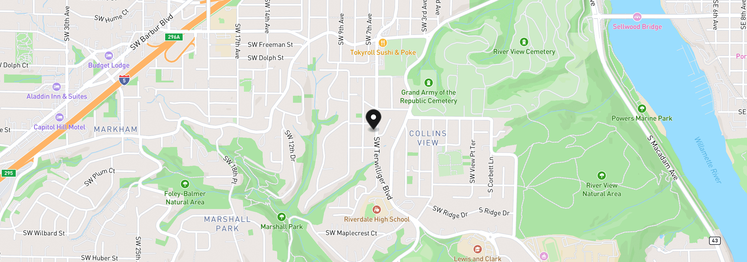 Map showing the location of 9223 SW Terwilliger Blvd, Portland, OR 97219