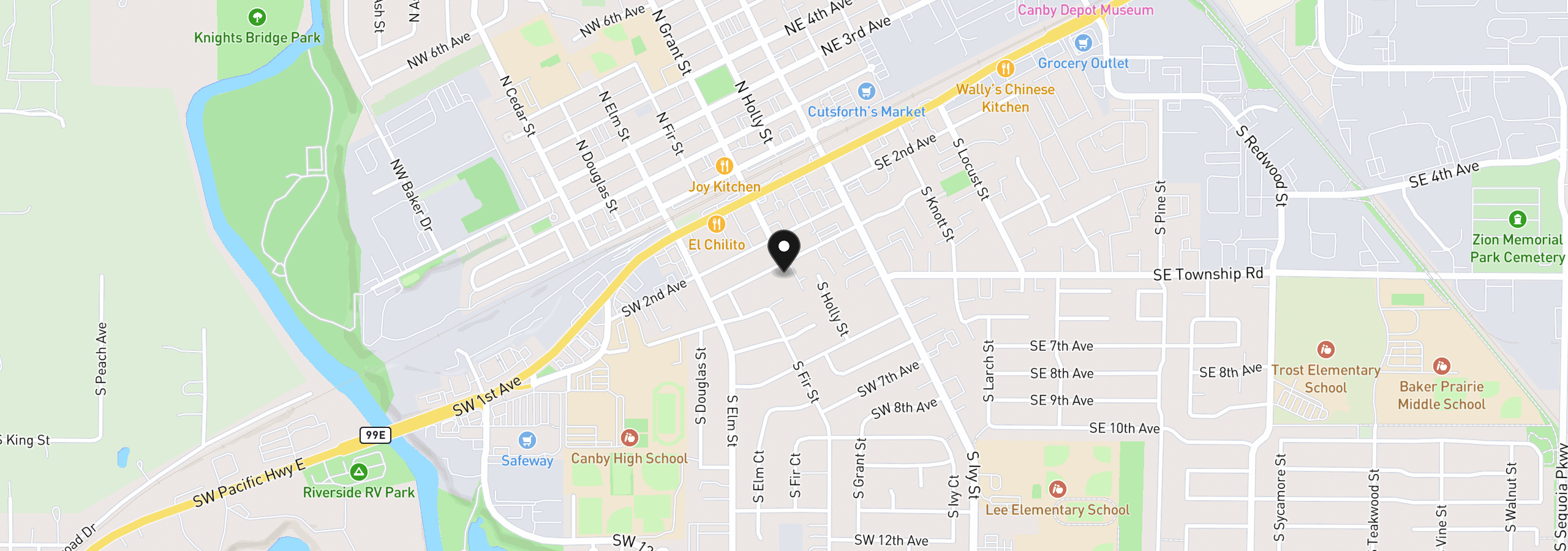 Map showing the location of 301 SW 3rd Ave, Canby, OR 97013