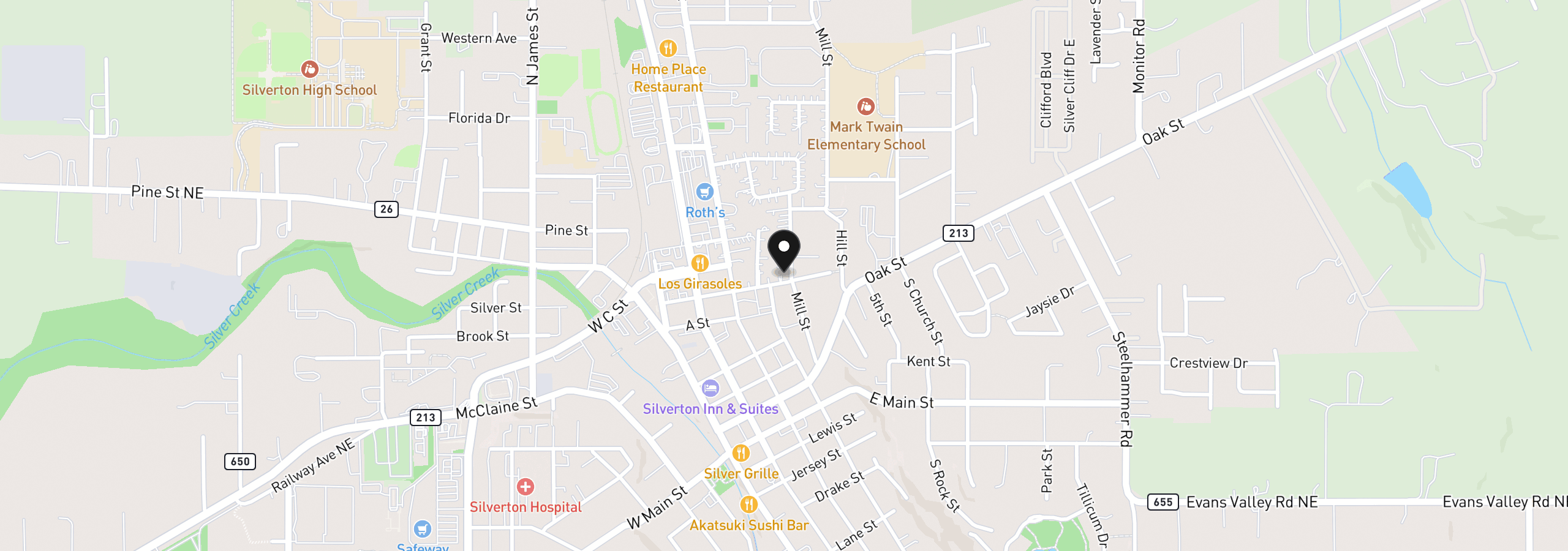 Map showing the location of 303 Mill St, Silverton, OR 97381