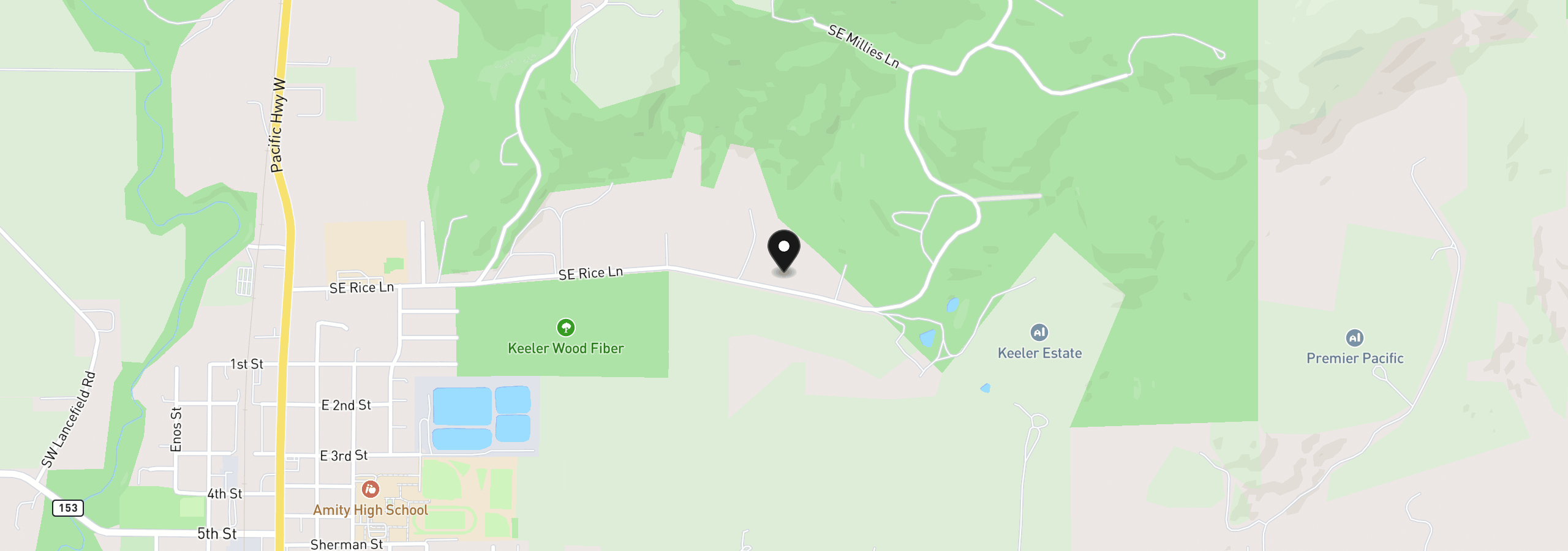 Map showing the location of SE Rice Ln, Amity, OR 97101