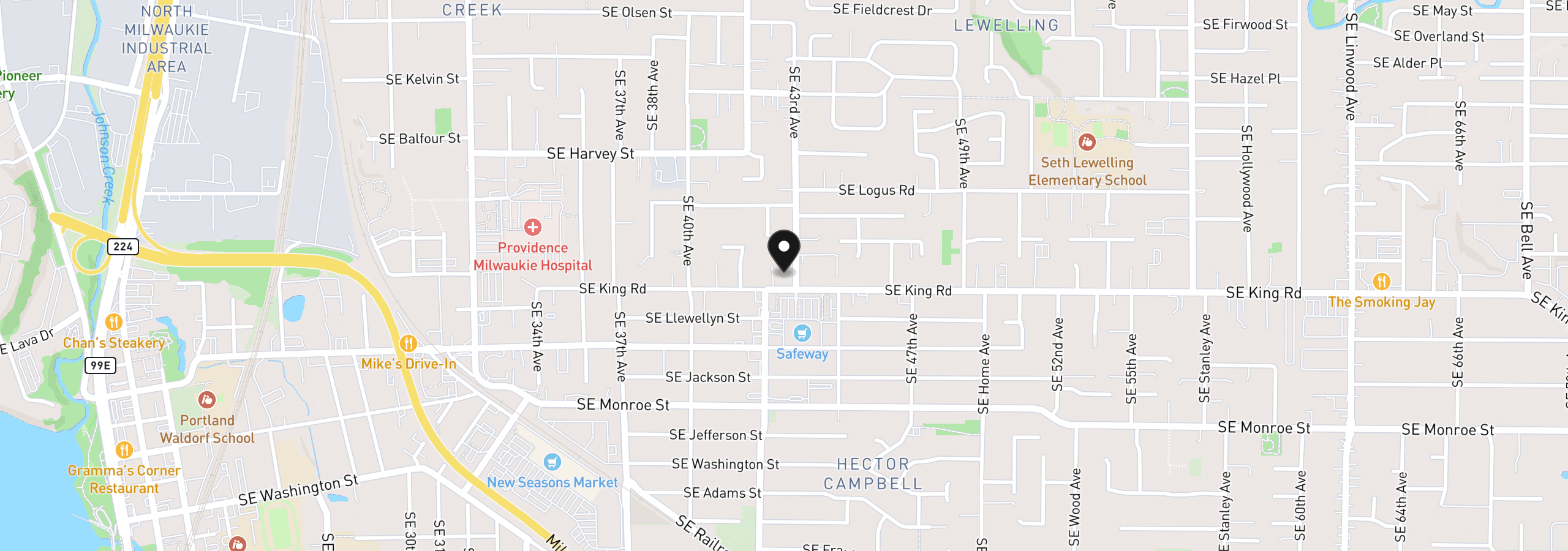 Map showing the location of 4215 SE King Rd, Milwaukie, OR 97222