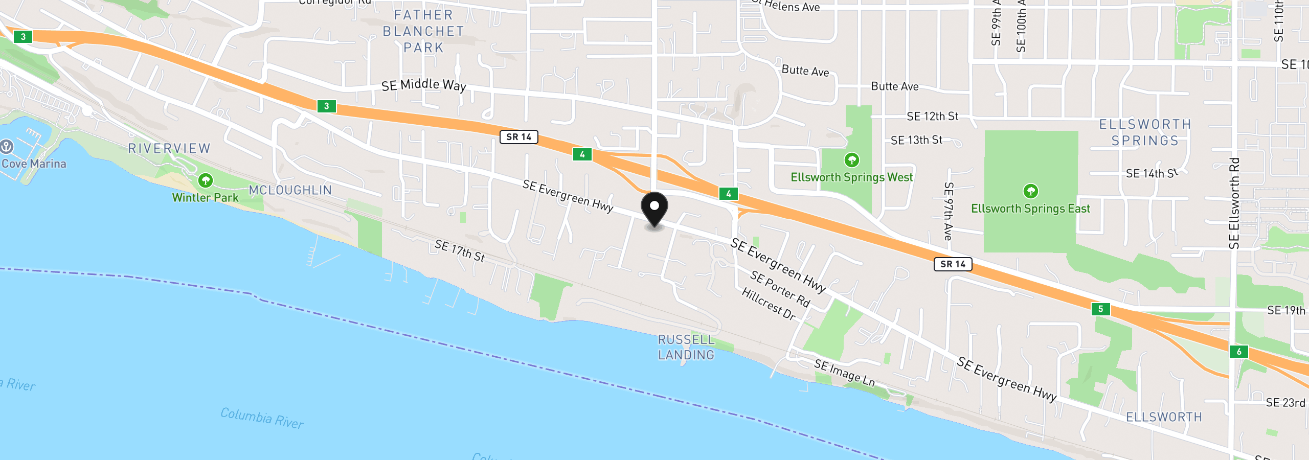 Map showing the location of 8407 SE Evergreen Hwy, Vancouver, Wa 98664