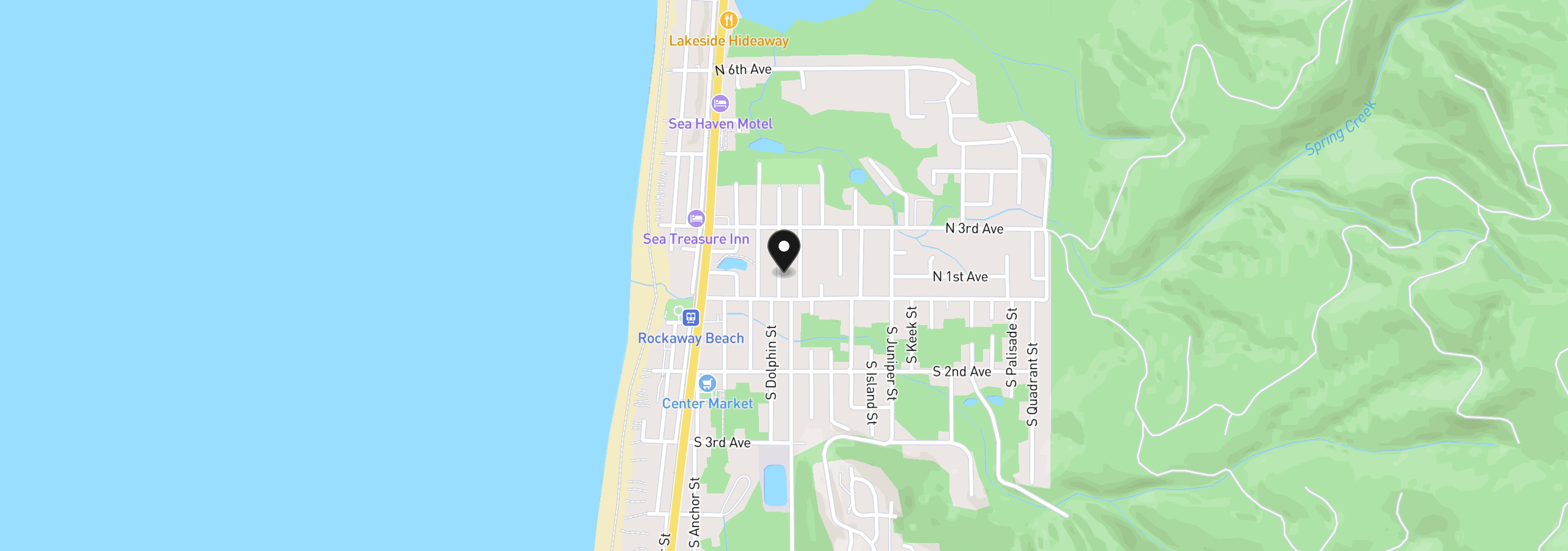 Map showing the location of 138 N Dolphin St, Rockaway Beach, OR 97136