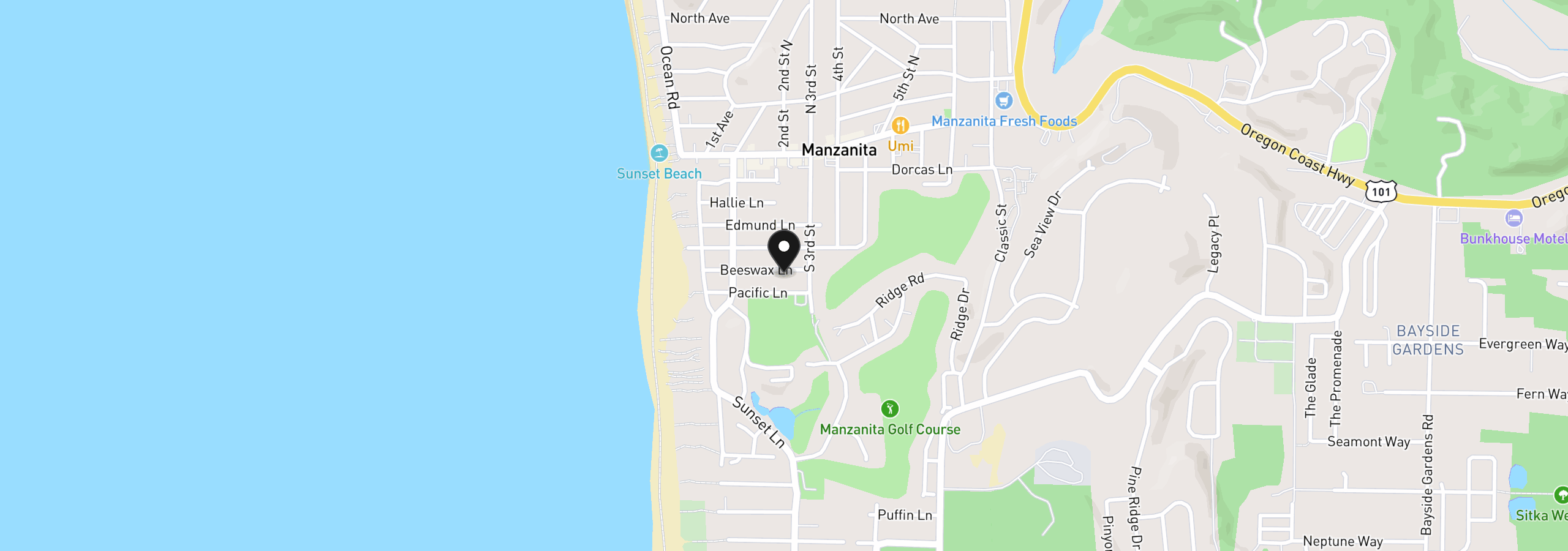 Map showing the location of 228 Beeswax Ln, Manzanita, OR 97130