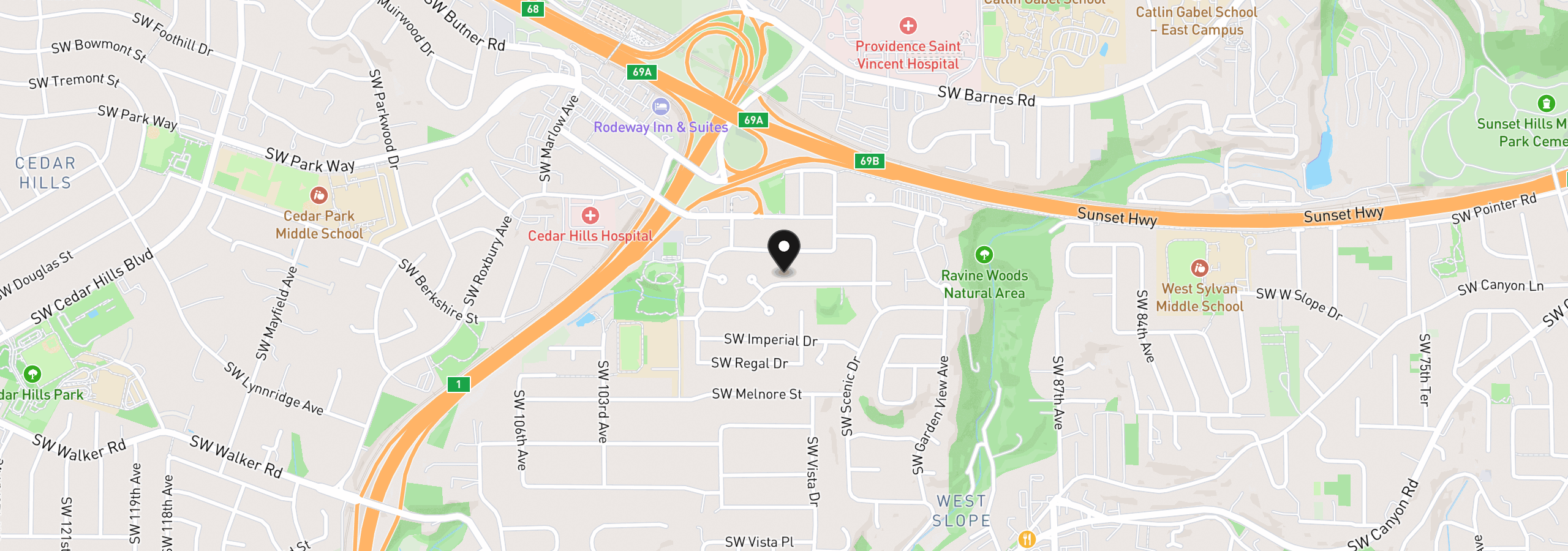 Map showing the location of 9645 SW Inglewood St, Portland, OR 97225