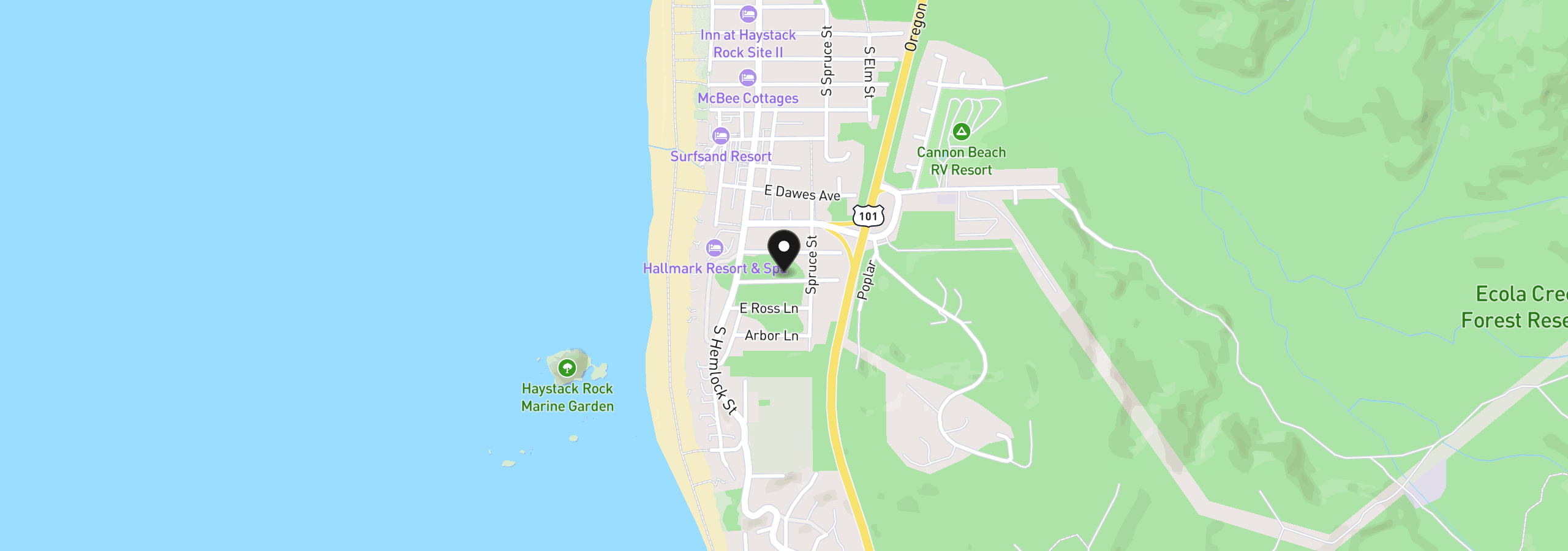 Map showing the location of 164 Hills Ln, Cannon Beach, OR 97110