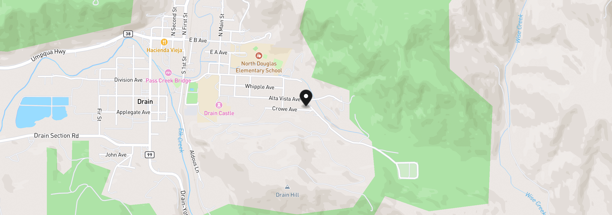 Map showing the location of 696 Crowe Ave, Drain, OR 97435