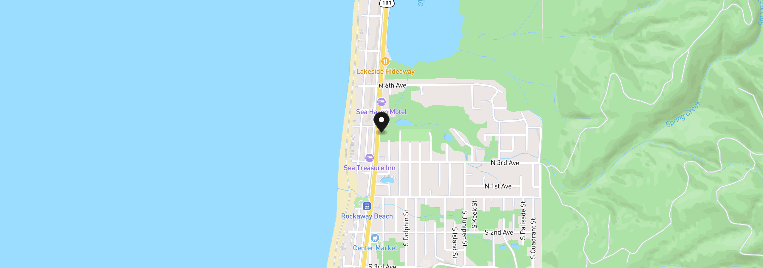 Map showing the location of Hwy 101, Rockaway Beach, OR 97136