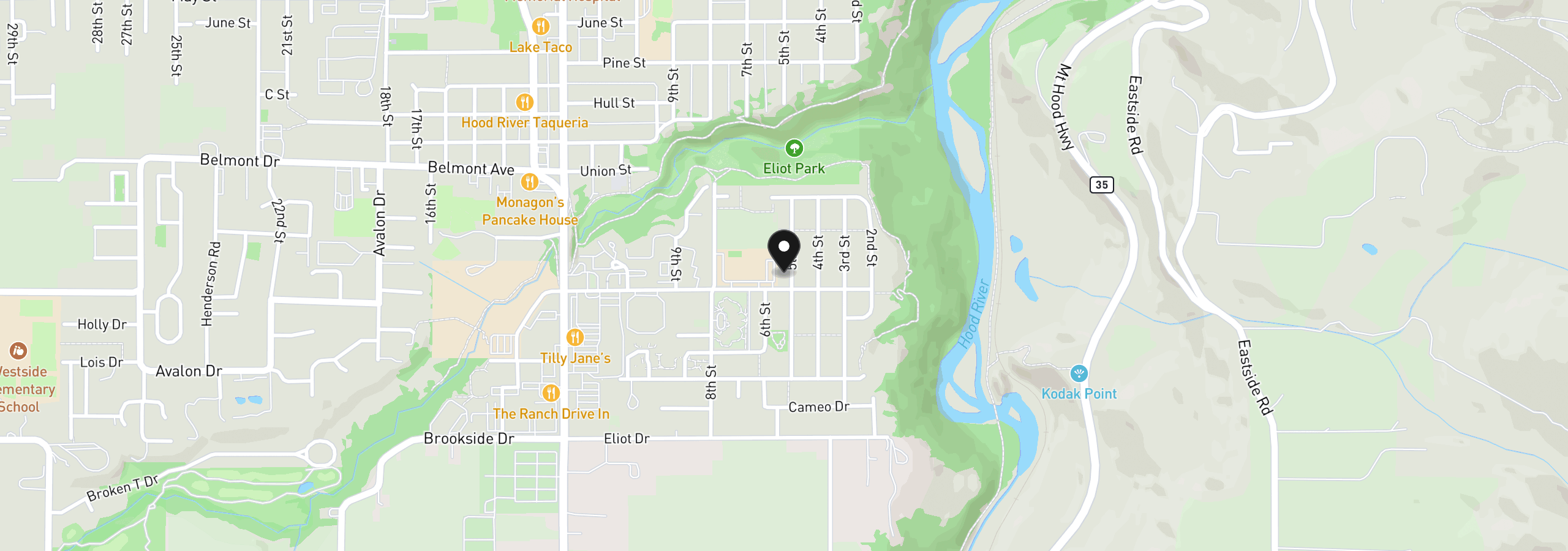 Map showing the location of 1672 5th St, Hood River, OR 97031