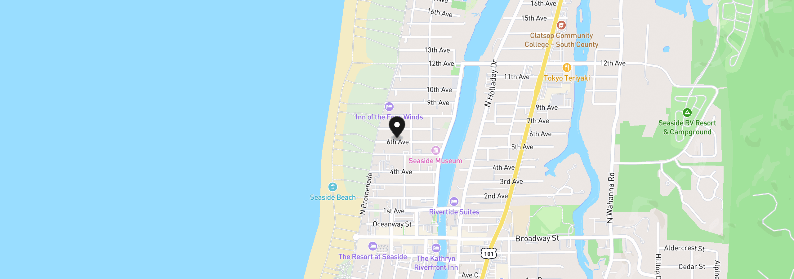 Map showing the location of 144 6th Ave, Seaside, OR 97138