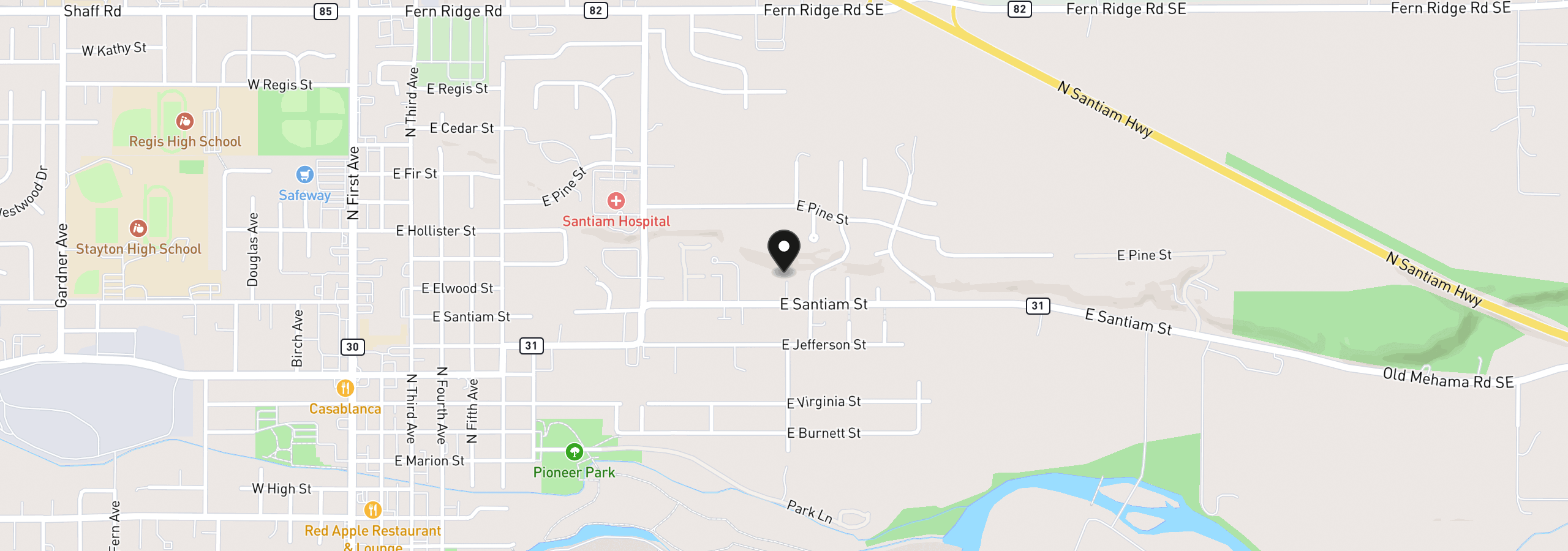 Map showing the location of 1485 E Santiam St, Stayton, OR 97383