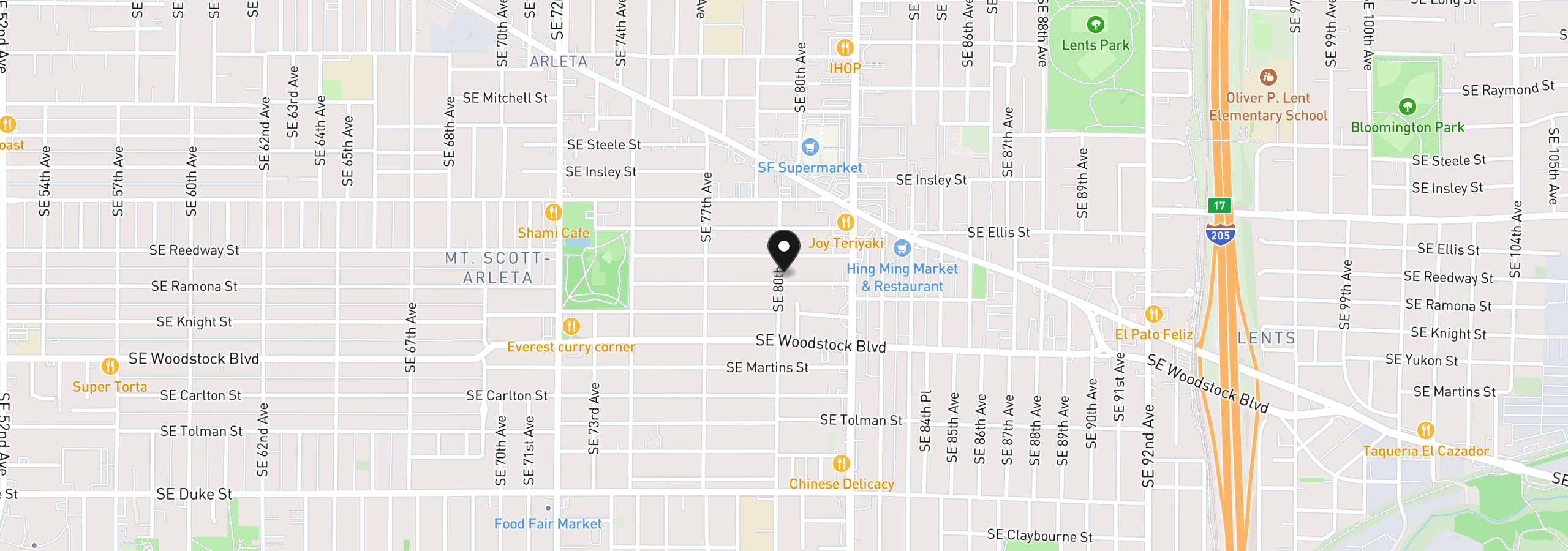 Map showing the location of 5732 SE 80th Ave, Portland, OR 97206