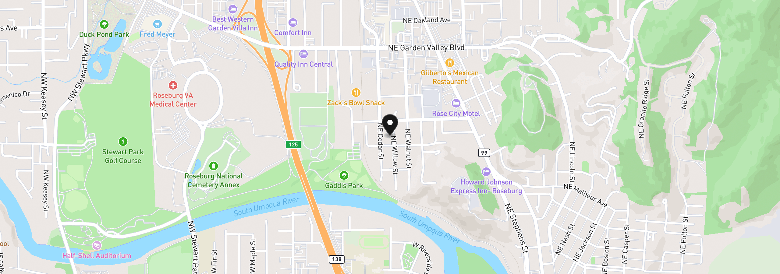 Map showing the location of 1038 NE Willow St, Roseburg, OR 97470