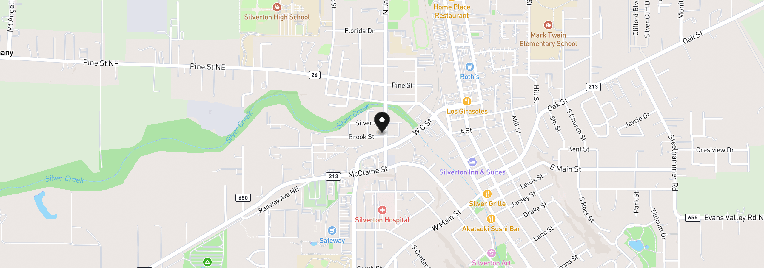 Map showing the location of 216 S James St, Silverton, OR 97381