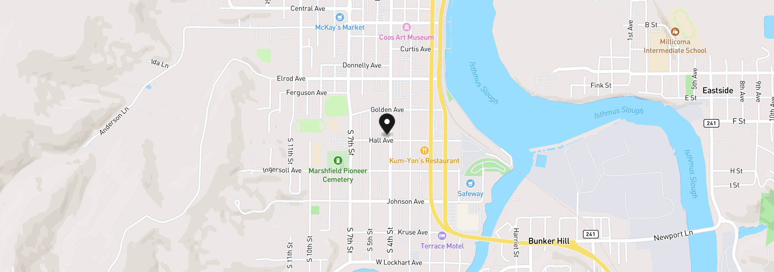 Map showing the location of 414 Hall Ave, Coos Bay, OR 97420