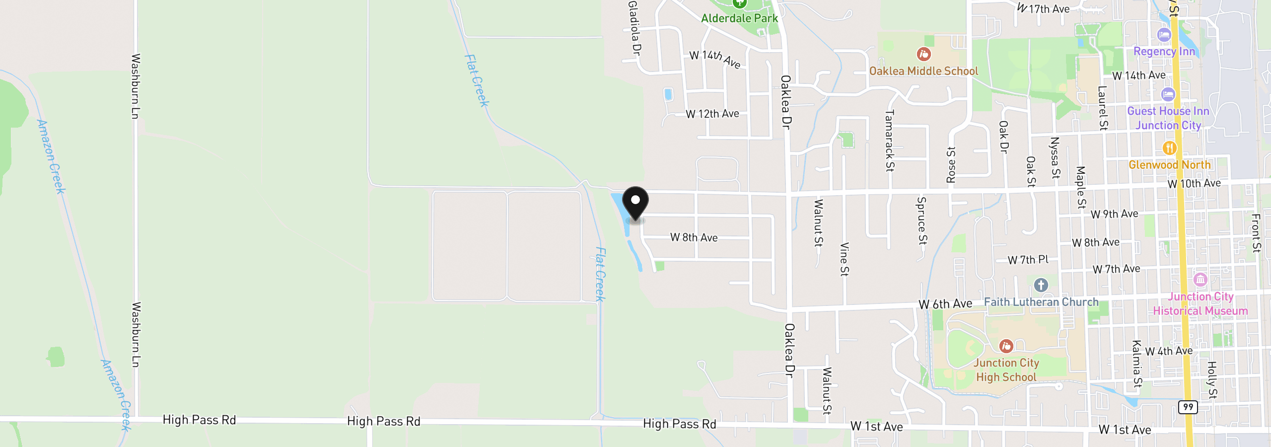 Map showing the location of 853 Farmington Dr, Junction City, OR 97448