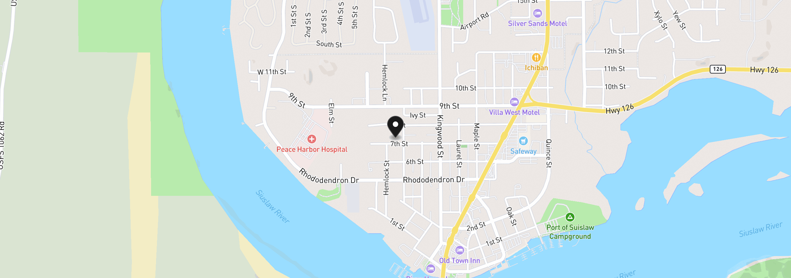 Map showing the location of 965 7th St, Florence, OR 97439