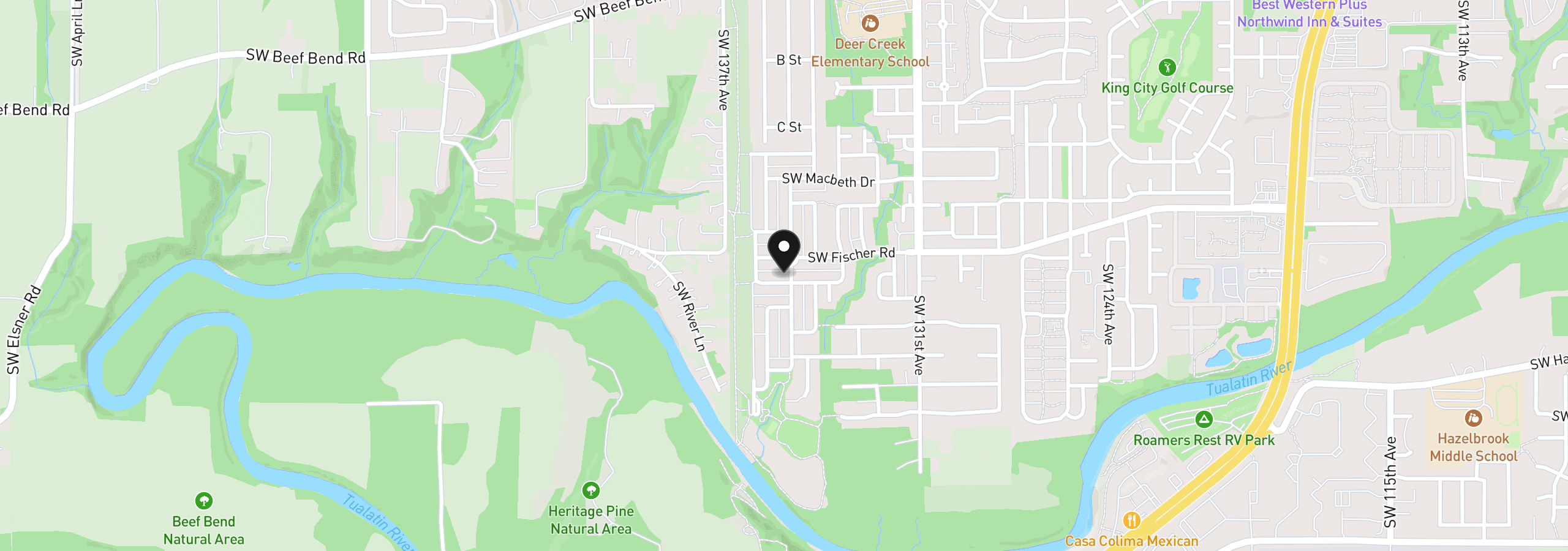 Map showing the location of 13605 SW King Lear Way, King City, OR 97224