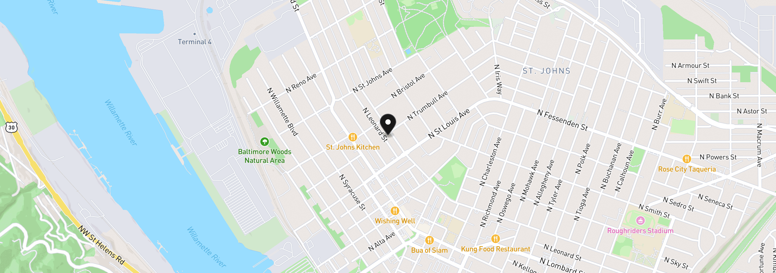 Map showing the location of 9234 N Central St, Portland, OR 97203