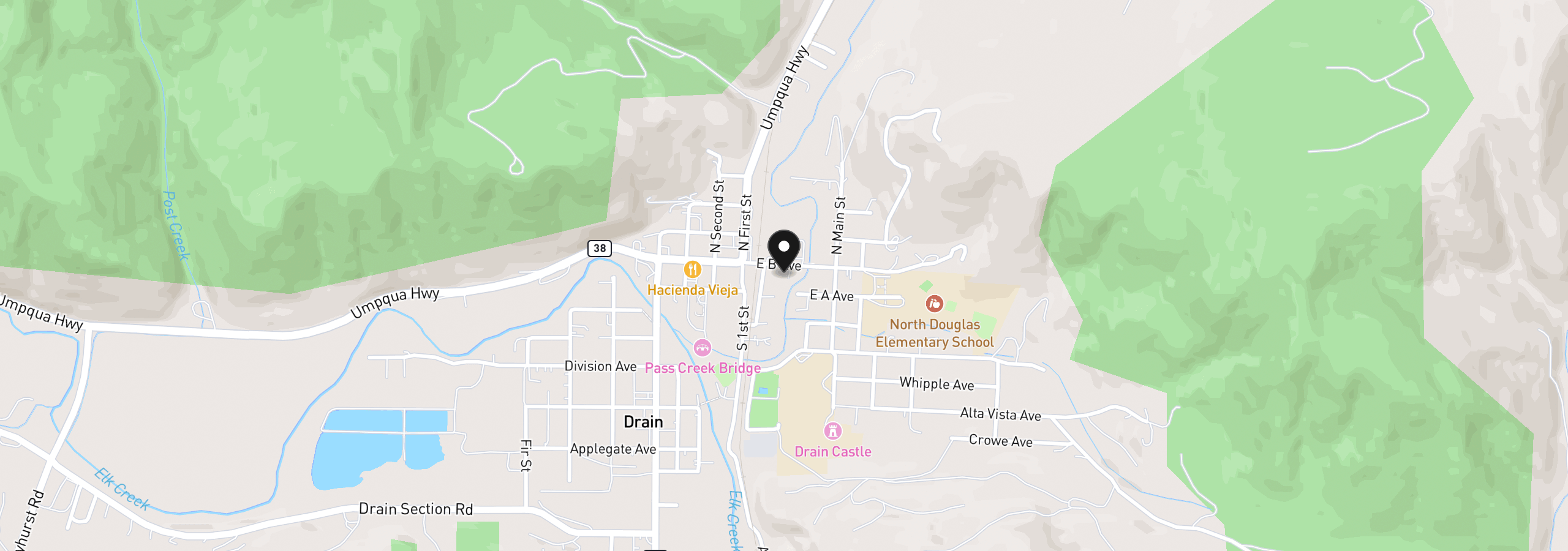 Map showing the location of 117 E B Ave, Drain, OR 97435