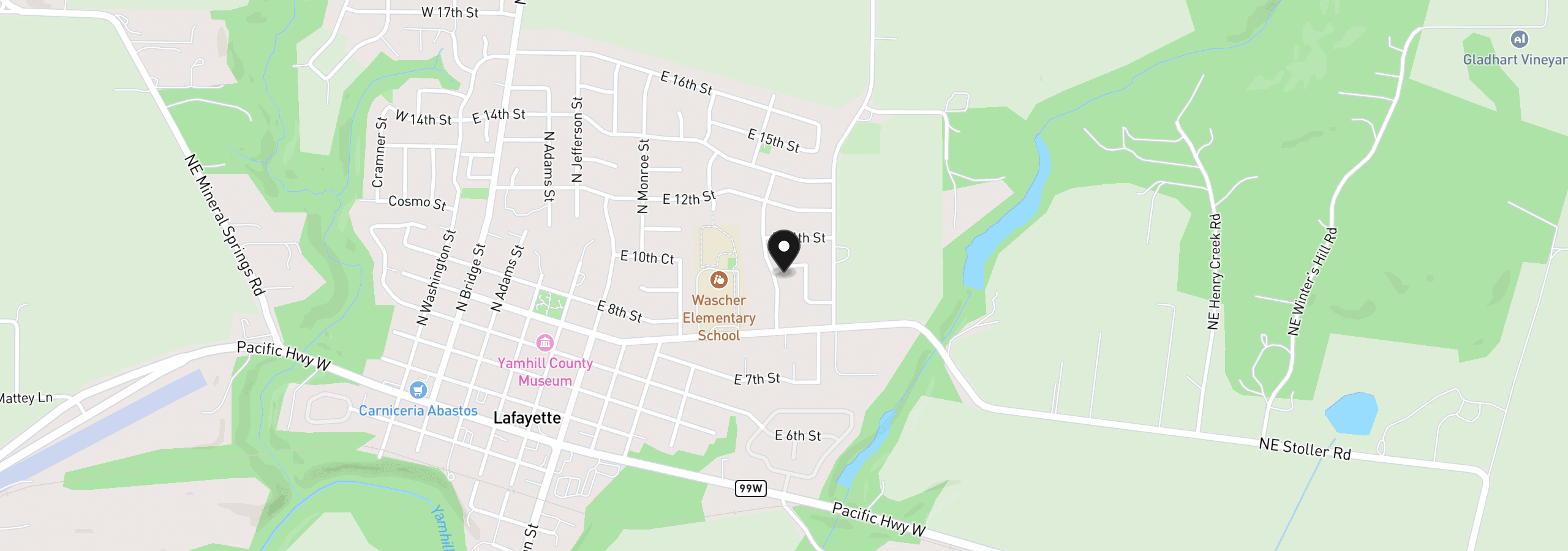 Map showing the location of 1001 E 9th St, Lafayette, OR 97127