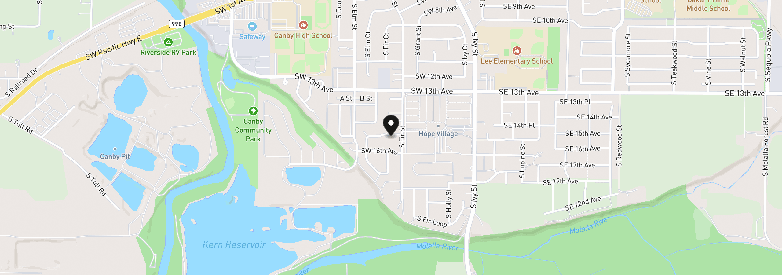 Map showing the location of 449 SW 15th Ave, Canby, OR 97013
