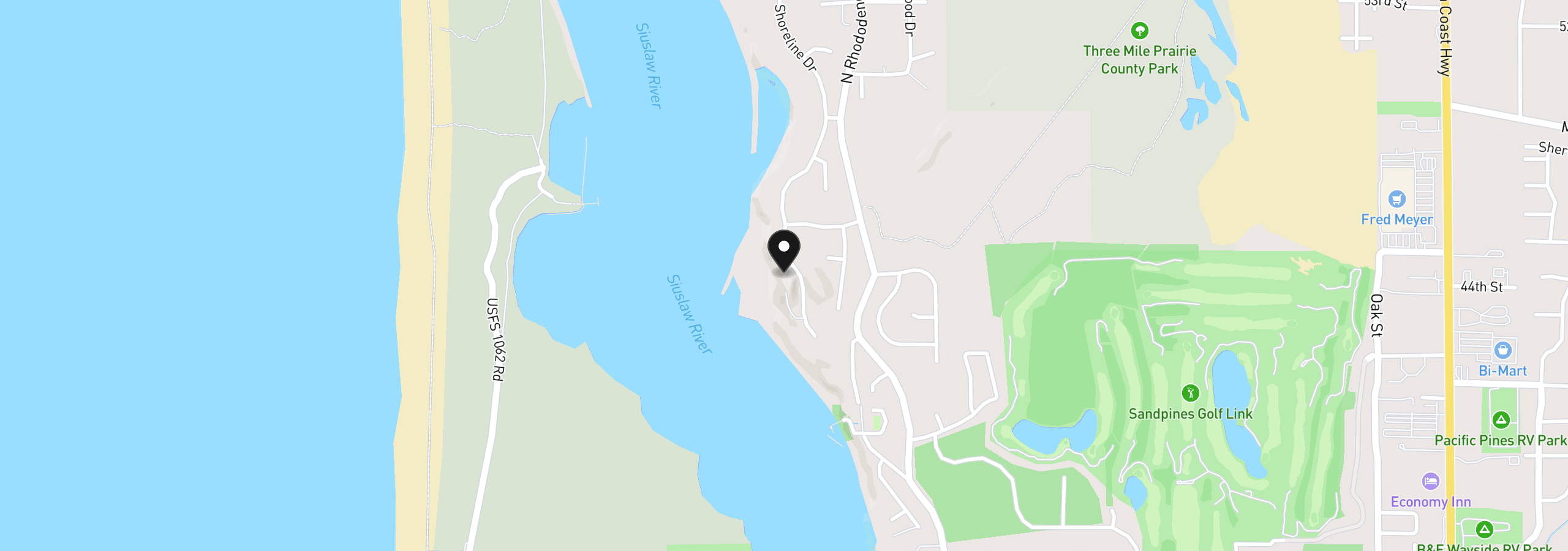 Map showing the location of 51 Shoreline Dr, Florence, OR 97439
