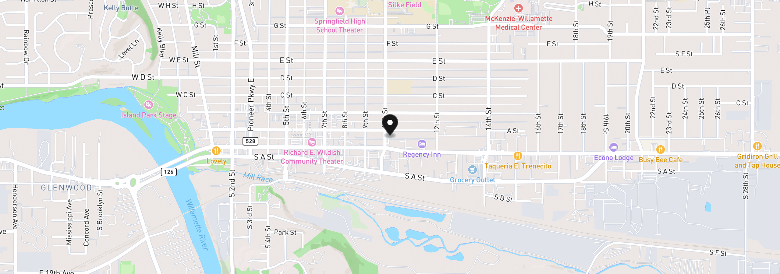 Map showing the location of 123 10th St, Springfield, OR 97477