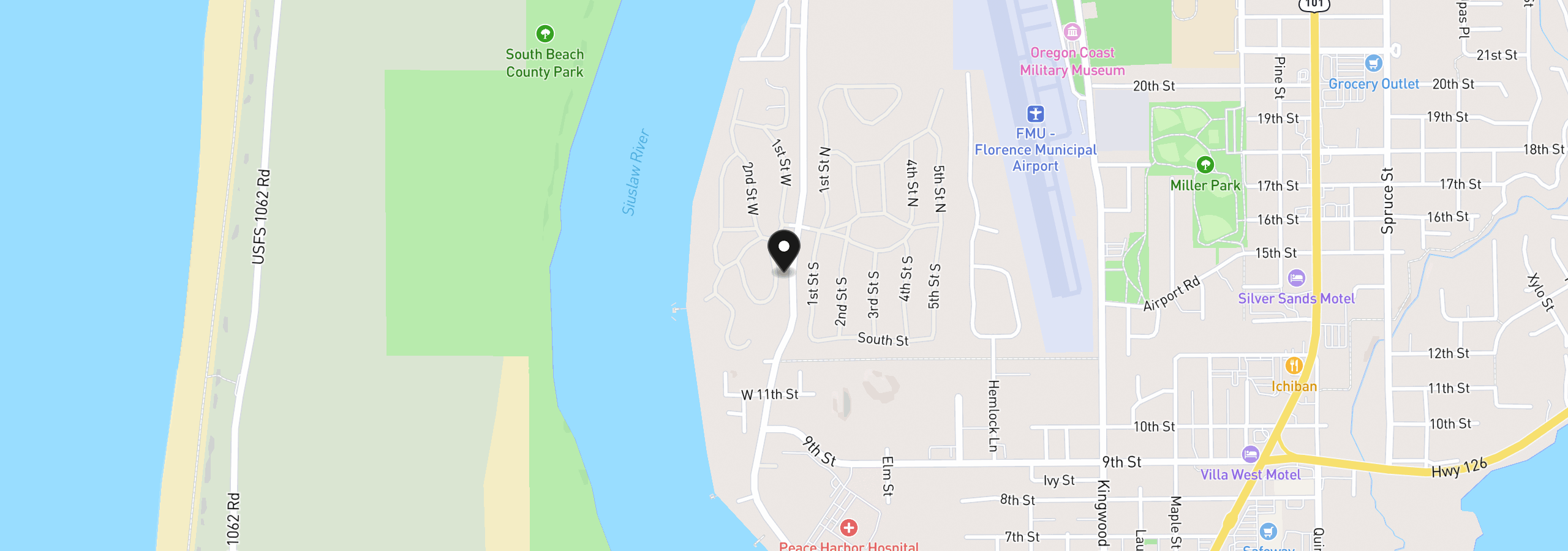 Map showing the location of 1601 Rhododendron Dr 640, Florence, OR 97439