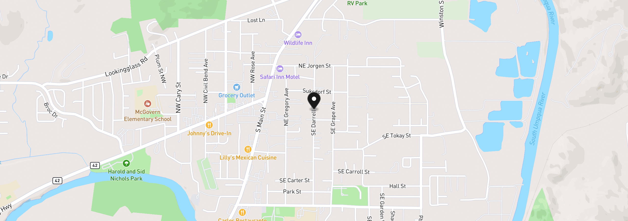 Map showing the location of 76 SE Darrell Ave, Winston, OR 97496