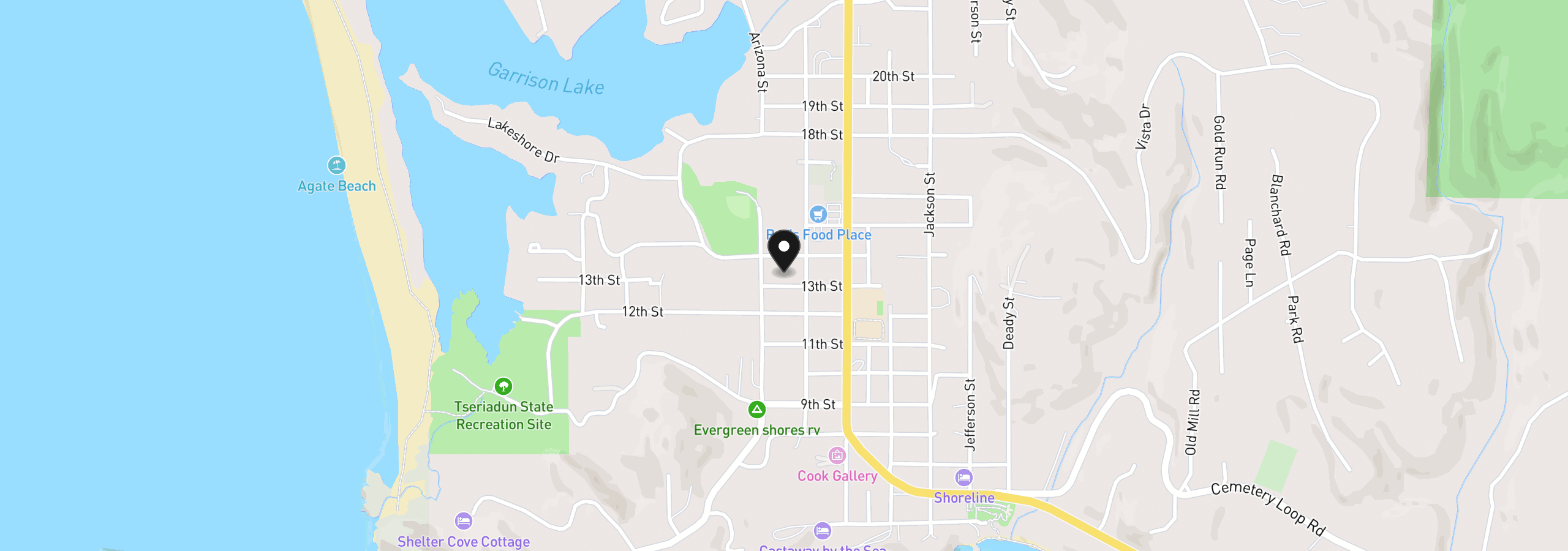 Map showing the location of 628 W 13th St, Port Orford, OR 97465