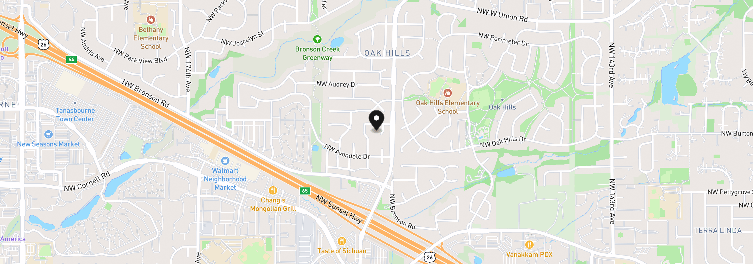 Map showing the location of 2385 NW Lydia Pl, Beaverton, OR 97006