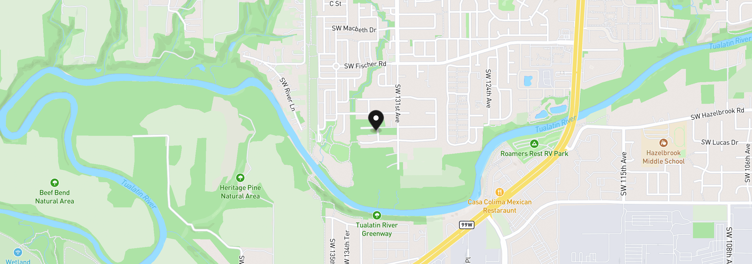 Map showing the location of 13254 SW Bradley Ln, King City, OR 97224