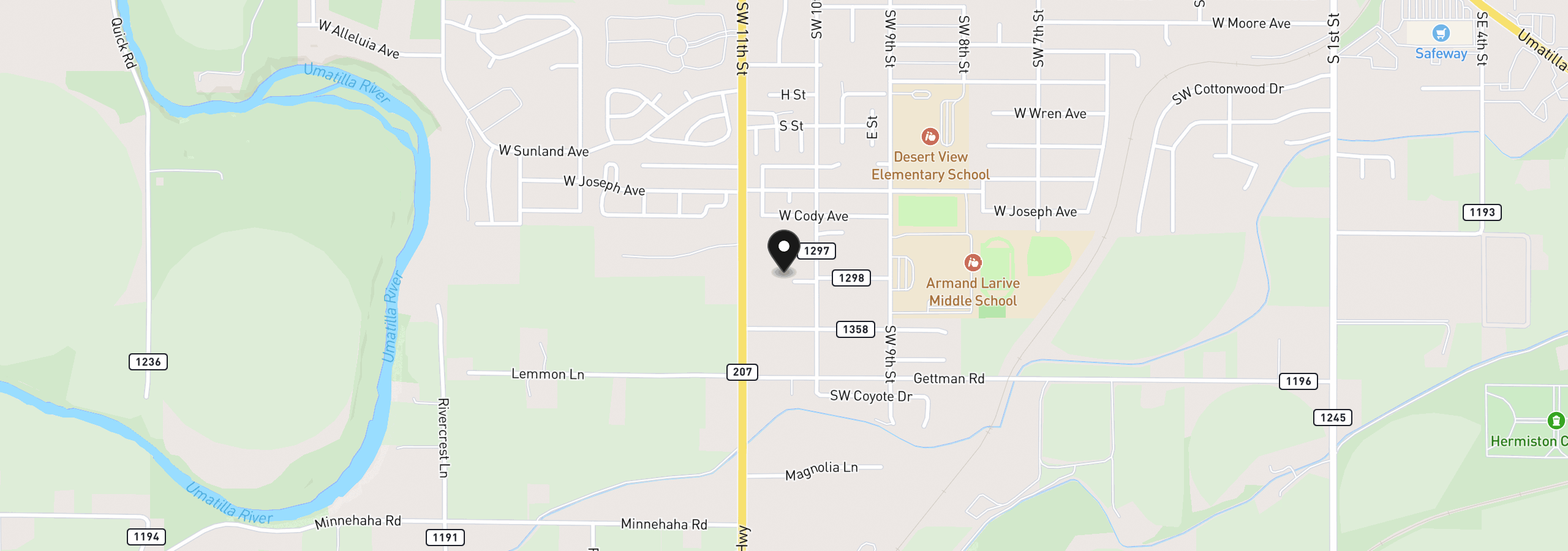 Map showing the location of 1036 SW Olive Ct, Hermiston, OR 97838